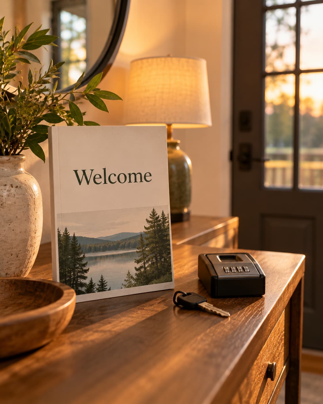A printed welcome guide, key, and lockbox on an entry table.