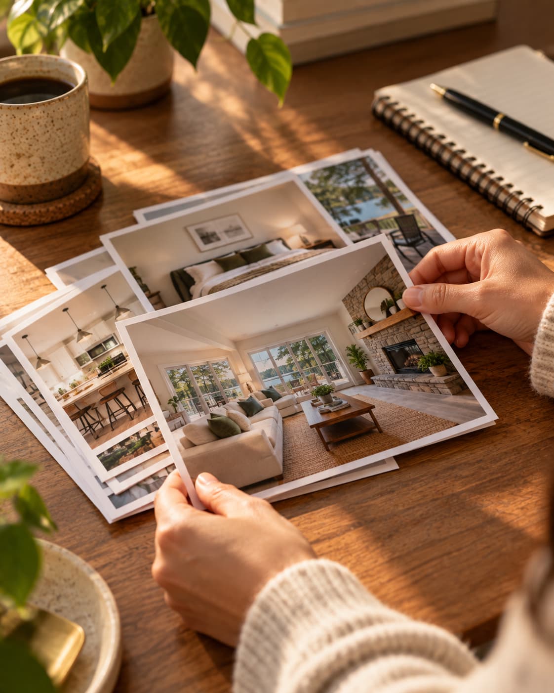 A hand reordering a stack of printed property photos.