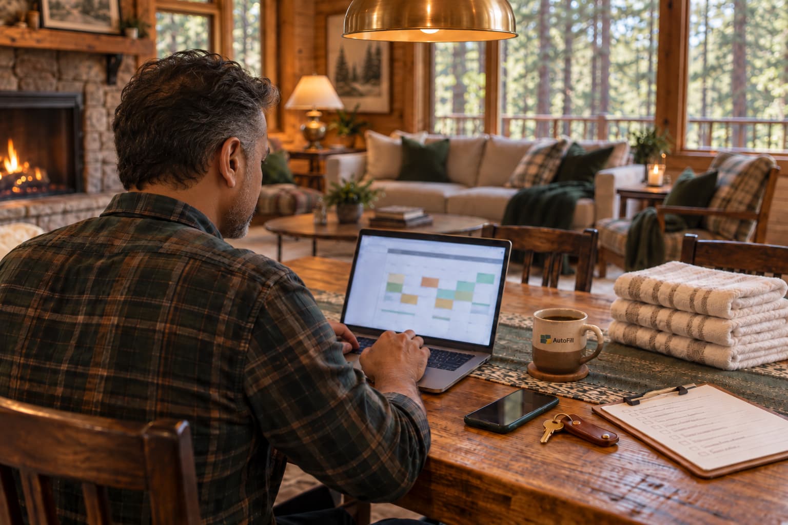 Short-term rental host checking the booking calendar on a laptop at the dining table of a wooded cabin rental, with fresh towels, keys, and a cleaning checklist ready for the next guests