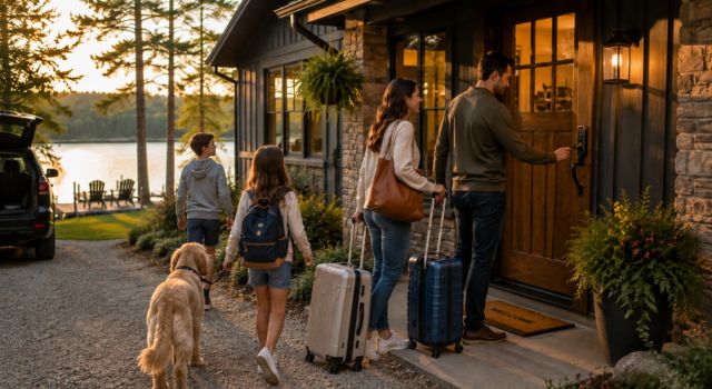 A family arriving at a Wisconsin Dells vacation rental.