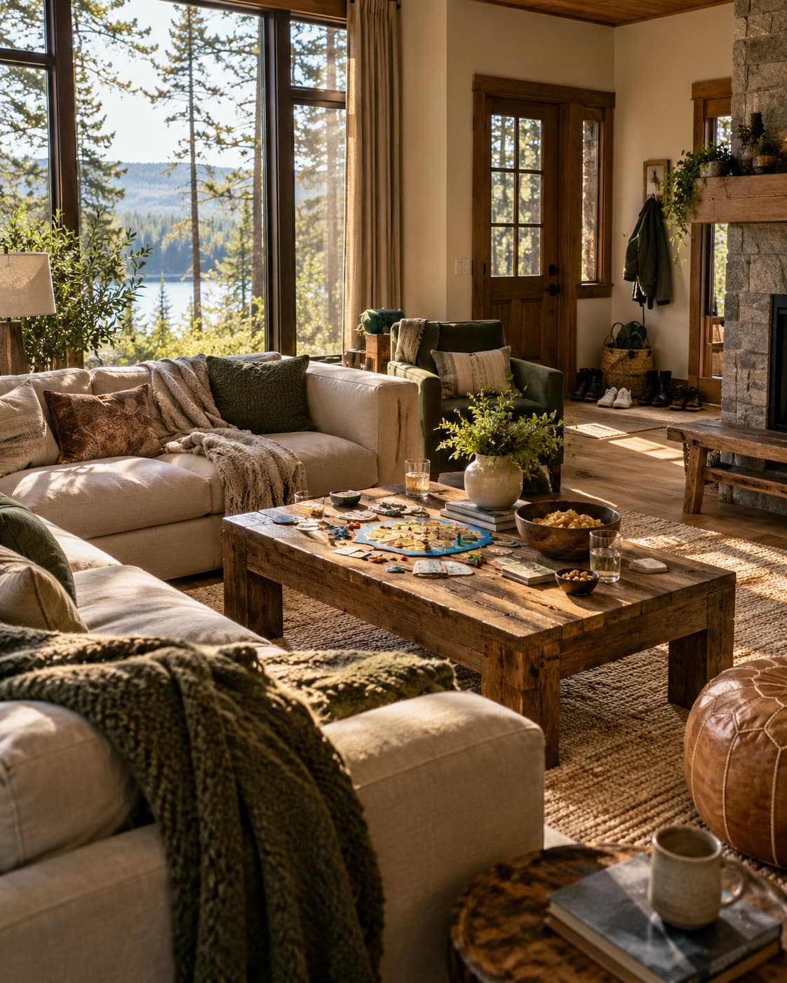 Inviting short-term rental living room with lake views and space for guests to gather