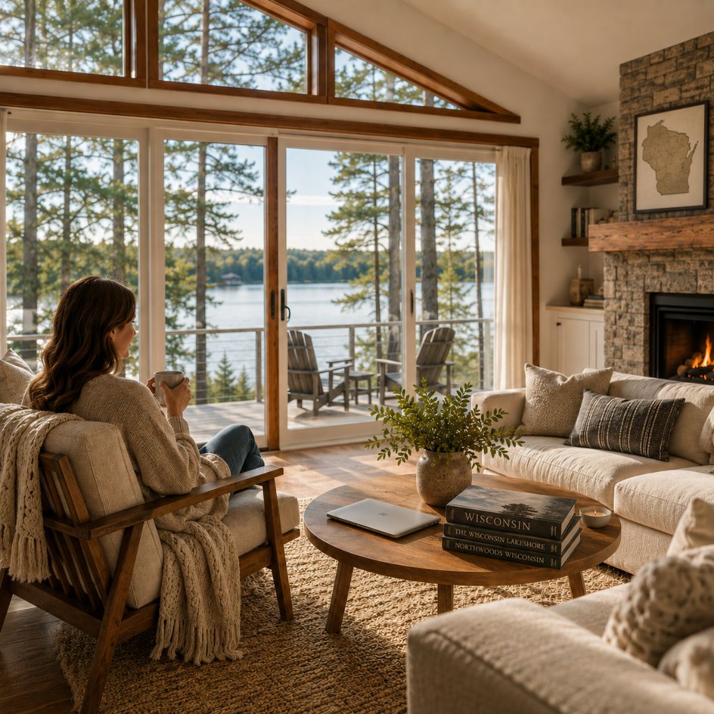 Relaxed short-term rental owner in a Wisconsin lake house living room.
