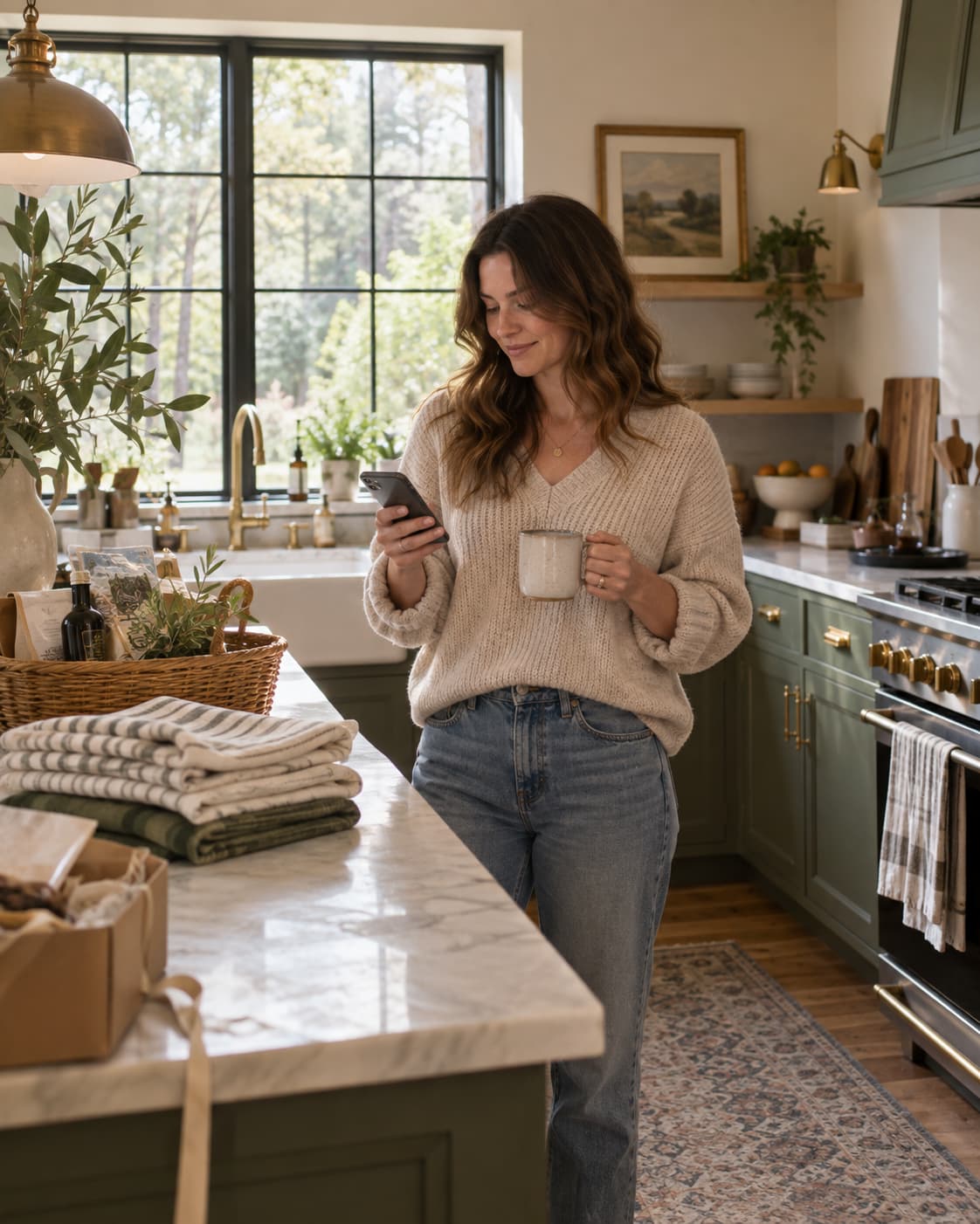 Host managing her short-term rental from a warm, welcoming kitchen