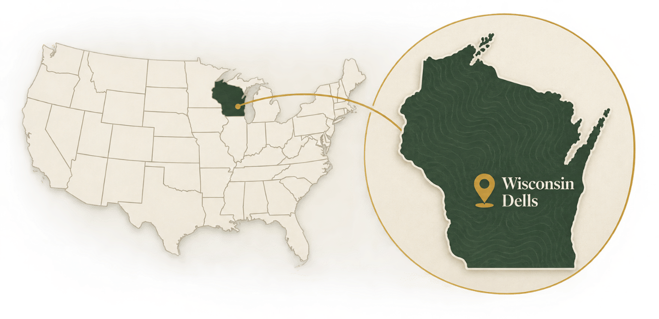 Map of the United States with Wisconsin highlighted, and an inset circle zooming in on Wisconsin Dells in south-central Wisconsin