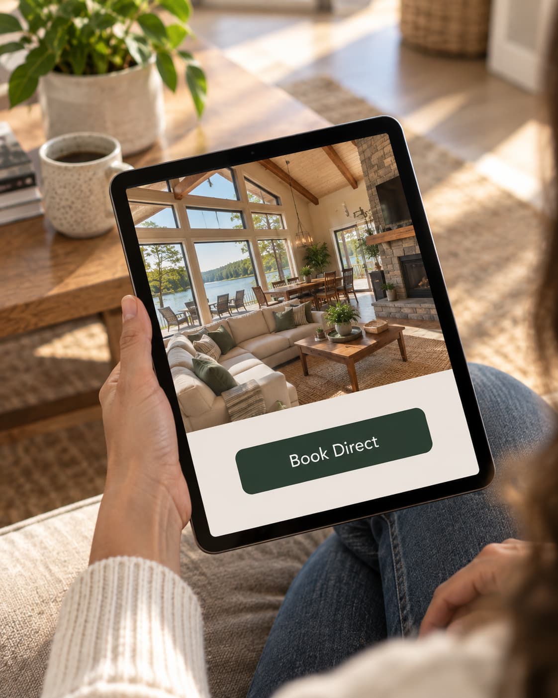 A tablet displaying a simple direct booking website layout.
